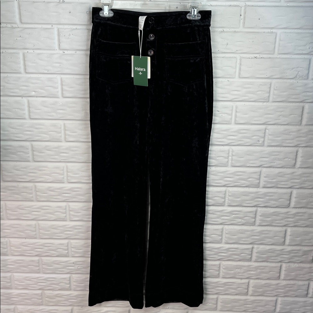 HALARA VELVET BLACK HIGH WAISTED WIDE LEG FRONT POCKET PULL ON PANTS SZ MED NWT - Picture 2 of 12